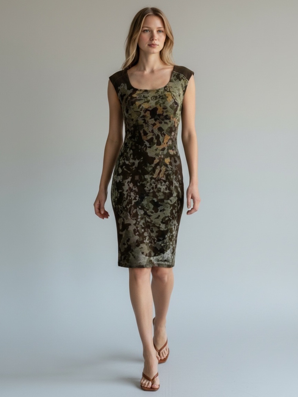 Le Chateau Midi Dress Sleeveless Stretch  Knit Brown Green Print Size XS
